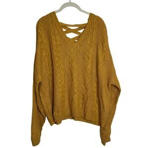 Derek Heart Plus Size Sweater 2X Mustard Yellow Cable Knit Lace Up Back Acrylic